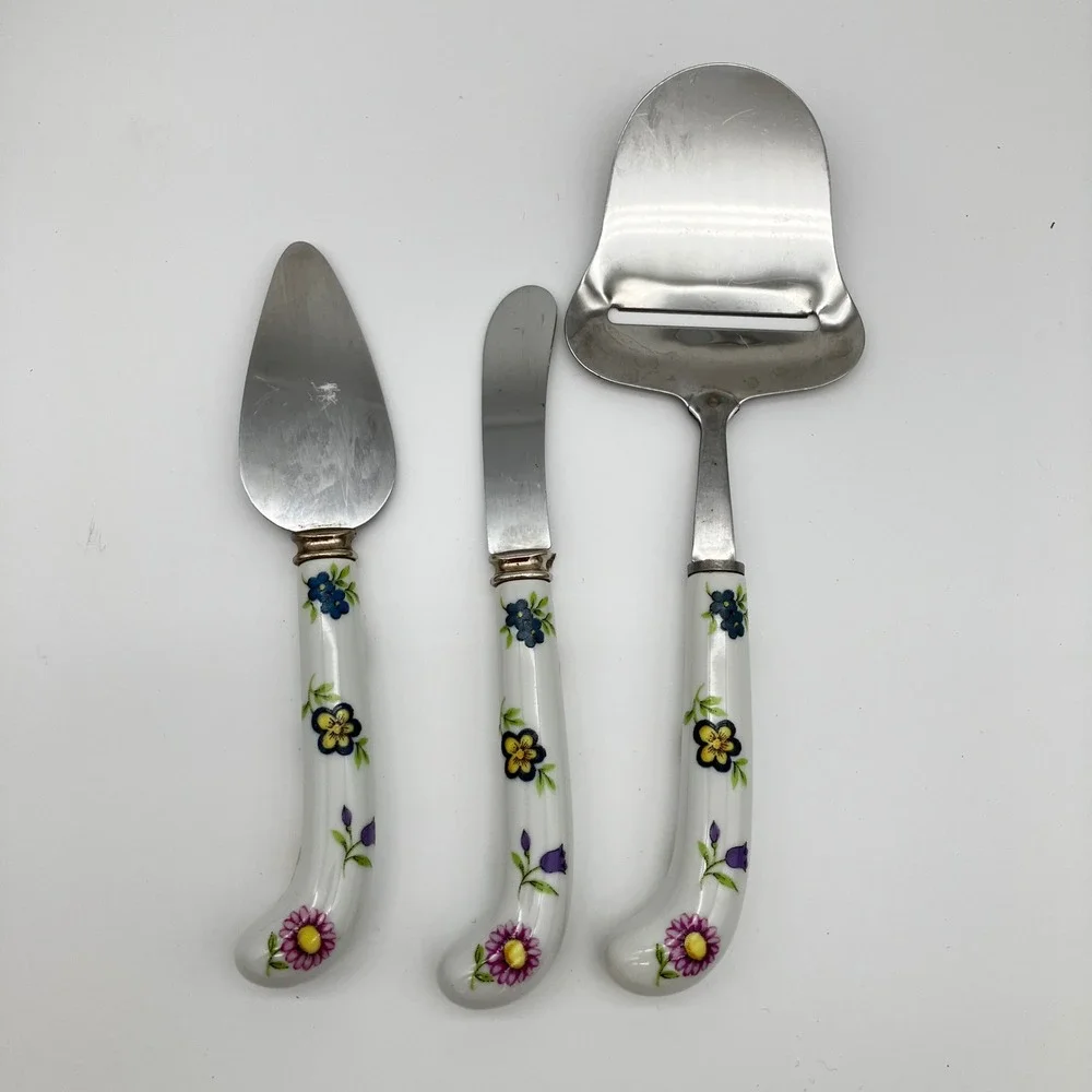 House of Prill Cheese Server Set 3-Pc Vintage Floral Porcelain Handles White